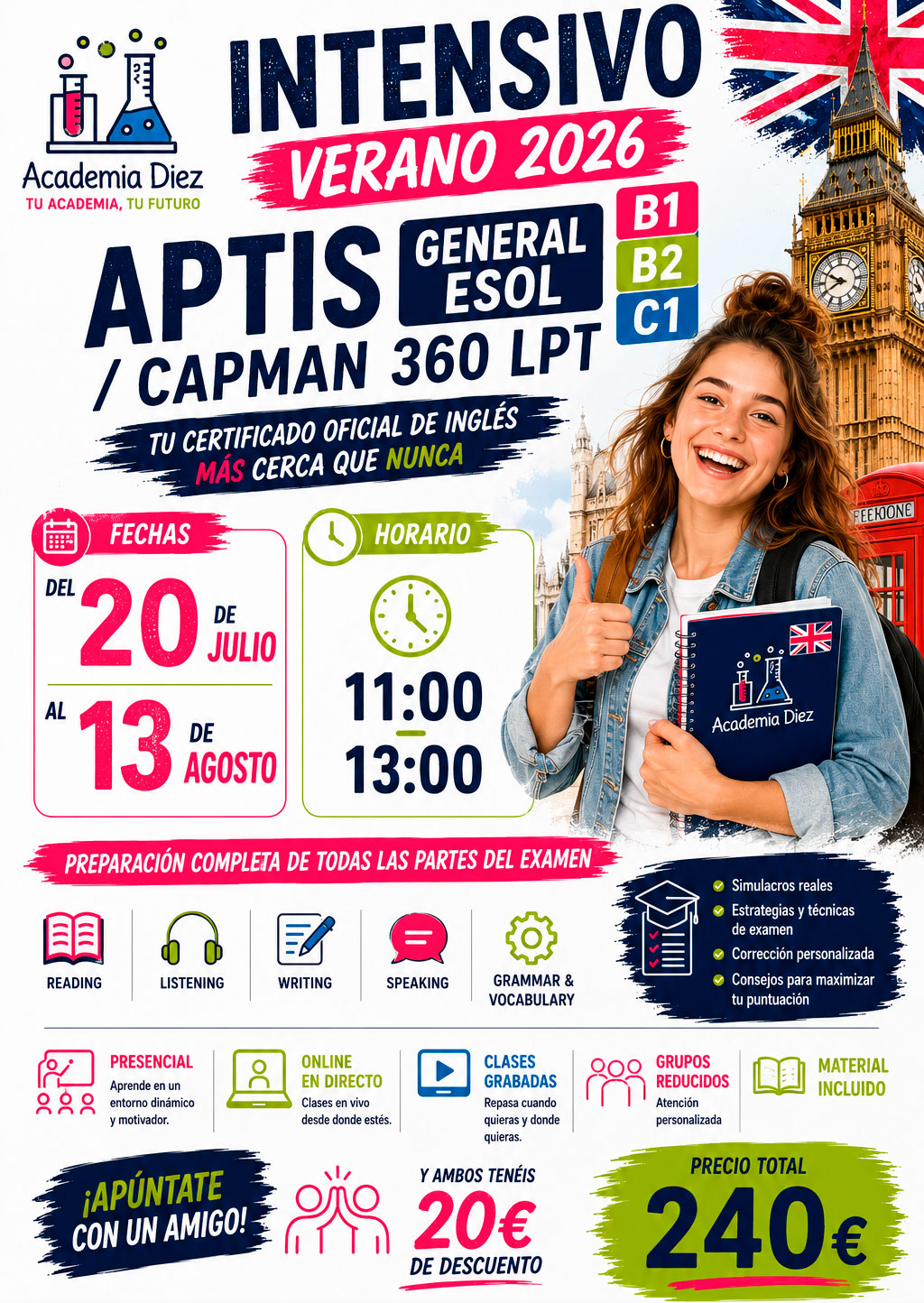 Intensivo Aptis / CAPMAN 360 LPT en Linares para conseguir tu B1, B2 o C1 este verano (Horario de Mañanas)